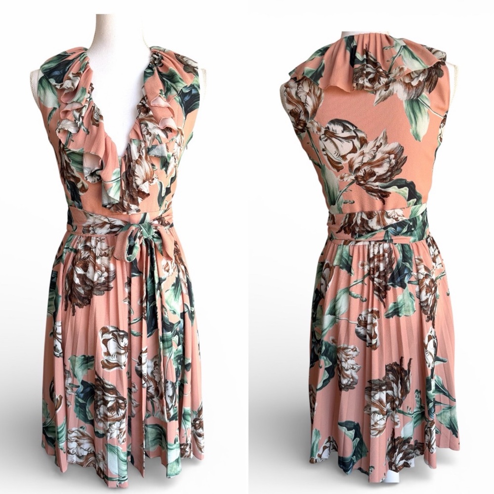 PatBO Pink Tropical Print Tie Waist Pleated Sleeveless Ruffle Neck Dress Sz 6